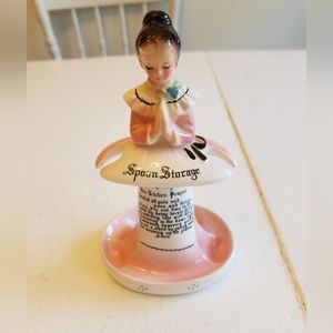 Vintage Spoon Storage Kitchen Prayer Lady Enesco Japan Pink Porcelain China